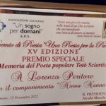 Il poeta licatese Lorenzo Peritore ritira a Racalmuto il Premio Speciale per “Ninna Nanna”