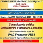 Licata, domani pomeriggio il seminario del sociologo Prof. Francesco Pira sulla Comunicazione Politica e il Diritto/Dovere d’informare il Cittadino